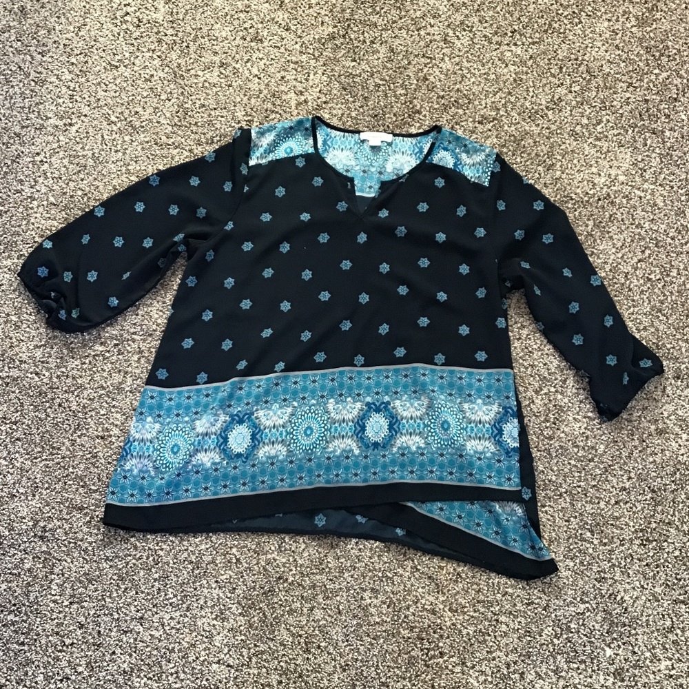 Coldwater Creek Flowy Navy Blue Blouse Sz L